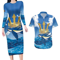 Barbados Independence Day Couples Matching Long Sleeve Bodycon Dress and Hawaiian Shirt Gold Trident and Flying Fish - Wonder Print Shop