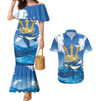 Barbados Independence Day Couples Matching Mermaid Dress and Hawaiian Shirt Gold Trident and Flying Fish - Wonder Print Shop