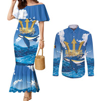 Barbados Independence Day Couples Matching Mermaid Dress and Long Sleeve Button Shirt Gold Trident and Flying Fish - Wonder Print Shop