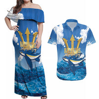 Barbados Independence Day Couples Matching Off Shoulder Maxi Dress and Hawaiian Shirt Gold Trident and Flying Fish - Wonder Print Shop