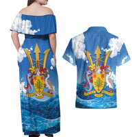 Barbados Independence Day Couples Matching Off Shoulder Maxi Dress and Hawaiian Shirt Gold Trident and Flying Fish - Wonder Print Shop