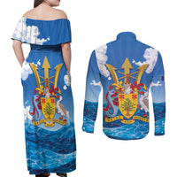 Barbados Independence Day Couples Matching Off Shoulder Maxi Dress and Long Sleeve Button Shirt Gold Trident and Flying Fish - Wonder Print Shop