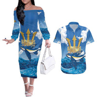 Barbados Independence Day Couples Matching Off The Shoulder Long Sleeve Dress and Hawaiian Shirt Gold Trident and Flying Fish - Wonder Print Shop