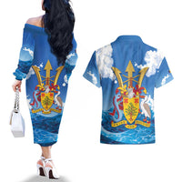Barbados Independence Day Couples Matching Off The Shoulder Long Sleeve Dress and Hawaiian Shirt Gold Trident and Flying Fish - Wonder Print Shop