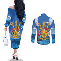 Barbados Independence Day Couples Matching Off The Shoulder Long Sleeve Dress and Long Sleeve Button Shirt Gold Trident and Flying Fish - Wonder Print Shop