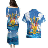 Barbados Independence Day Couples Matching Puletasi and Hawaiian Shirt Gold Trident and Flying Fish - Wonder Print Shop