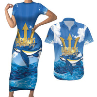 Barbados Independence Day Couples Matching Short Sleeve Bodycon Dress and Hawaiian Shirt Gold Trident and Flying Fish - Wonder Print Shop