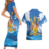 Barbados Independence Day Couples Matching Short Sleeve Bodycon Dress and Hawaiian Shirt Gold Trident and Flying Fish - Wonder Print Shop