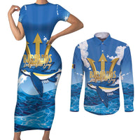 Barbados Independence Day Couples Matching Short Sleeve Bodycon Dress and Long Sleeve Button Shirt Gold Trident and Flying Fish - Wonder Print Shop