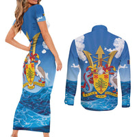 Barbados Independence Day Couples Matching Short Sleeve Bodycon Dress and Long Sleeve Button Shirt Gold Trident and Flying Fish - Wonder Print Shop