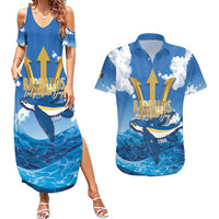 Barbados Independence Day Couples Matching Summer Maxi Dress and Hawaiian Shirt Gold Trident and Flying Fish - Wonder Print Shop