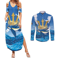 Barbados Independence Day Couples Matching Summer Maxi Dress and Long Sleeve Button Shirt Gold Trident and Flying Fish - Wonder Print Shop