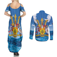 Barbados Independence Day Couples Matching Summer Maxi Dress and Long Sleeve Button Shirt Gold Trident and Flying Fish - Wonder Print Shop