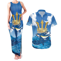 Barbados Independence Day Couples Matching Tank Maxi Dress and Hawaiian Shirt Gold Trident and Flying Fish - Wonder Print Shop