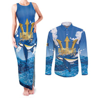 Barbados Independence Day Couples Matching Tank Maxi Dress and Long Sleeve Button Shirt Gold Trident and Flying Fish - Wonder Print Shop