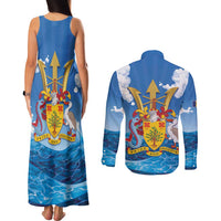 Barbados Independence Day Couples Matching Tank Maxi Dress and Long Sleeve Button Shirt Gold Trident and Flying Fish - Wonder Print Shop