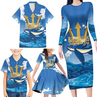 Barbados Independence Day Family Matching Long Sleeve Bodycon Dress and Hawaiian Shirt Gold Trident and Flying Fish - Wonder Print Shop