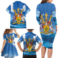 Barbados Independence Day Family Matching Long Sleeve Bodycon Dress and Hawaiian Shirt Gold Trident and Flying Fish - Wonder Print Shop
