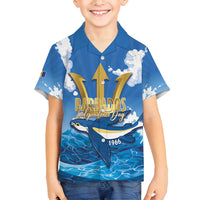 Barbados Independence Day Family Matching Long Sleeve Bodycon Dress and Hawaiian Shirt Gold Trident and Flying Fish - Wonder Print Shop