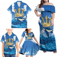 Barbados Independence Day Family Matching Off Shoulder Maxi Dress and Hawaiian Shirt Gold Trident and Flying Fish - Wonder Print Shop