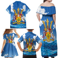 Barbados Independence Day Family Matching Off Shoulder Maxi Dress and Hawaiian Shirt Gold Trident and Flying Fish - Wonder Print Shop