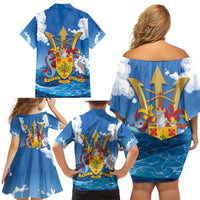 Barbados Independence Day Family Matching Off Shoulder Short Dress and Hawaiian Shirt Gold Trident and Flying Fish - Wonder Print Shop