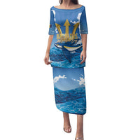 Barbados Independence Day Family Matching Puletasi and Hawaiian Shirt Gold Trident and Flying Fish - Wonder Print Shop