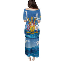 Barbados Independence Day Family Matching Puletasi and Hawaiian Shirt Gold Trident and Flying Fish - Wonder Print Shop