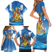 Barbados Independence Day Family Matching Short Sleeve Bodycon Dress and Hawaiian Shirt Gold Trident and Flying Fish - Wonder Print Shop