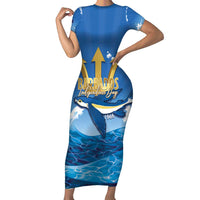 Barbados Independence Day Family Matching Short Sleeve Bodycon Dress and Hawaiian Shirt Gold Trident and Flying Fish - Wonder Print Shop