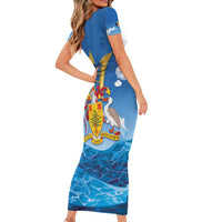 Barbados Independence Day Family Matching Short Sleeve Bodycon Dress and Hawaiian Shirt Gold Trident and Flying Fish - Wonder Print Shop