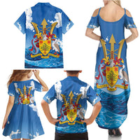 Barbados Independence Day Family Matching Summer Maxi Dress and Hawaiian Shirt Gold Trident and Flying Fish - Wonder Print Shop