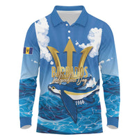 Barbados Independence Day Long Sleeve Polo Shirt Gold Trident and Flying Fish - Wonder Print Shop