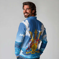 Barbados Independence Day Long Sleeve Polo Shirt Gold Trident and Flying Fish - Wonder Print Shop