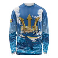 Barbados Independence Day Long Sleeve Shirt Gold Trident and Flying Fish - Wonder Print Shop