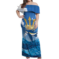 Barbados Independence Day Off Shoulder Maxi Dress Gold Trident and Flying Fish - Wonder Print Shop