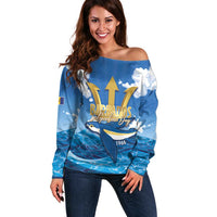 Barbados Independence Day Off Shoulder Sweater Gold Trident and Flying Fish - Wonder Print Shop