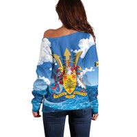 Barbados Independence Day Off Shoulder Sweater Gold Trident and Flying Fish - Wonder Print Shop