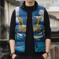 Barbados Independence Day Sleeveless Puffer Jacket Gold Trident and Flying Fish - Wonder Print Shop