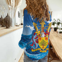 Barbados Independence Day Women Casual Shirt Gold Trident and Flying Fish - Wonder Print Shop