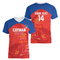 Cayman Islands Football 2026 Custom Women V-Neck T-Shirt Sea Turtle Coat Of Arms Style