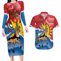 Personalised Antigua and Barbuda Independence Day Couples Matching Long Sleeve Bodycon Dress and Hawaiian Shirt Fallow Deer With Flag - Wonder Print Shop