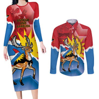 Personalised Antigua and Barbuda Independence Day Couples Matching Long Sleeve Bodycon Dress and Long Sleeve Button Shirt Fallow Deer With Flag - Wonder Print Shop