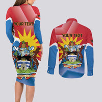 Personalised Antigua and Barbuda Independence Day Couples Matching Long Sleeve Bodycon Dress and Long Sleeve Button Shirt Fallow Deer With Flag - Wonder Print Shop