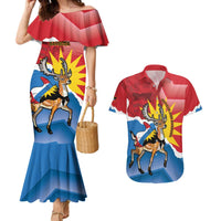 Personalised Antigua and Barbuda Independence Day Couples Matching Mermaid Dress and Hawaiian Shirt Fallow Deer With Flag - Wonder Print Shop