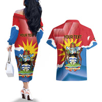 Personalised Antigua and Barbuda Independence Day Couples Matching Off The Shoulder Long Sleeve Dress and Hawaiian Shirt Fallow Deer With Flag - Wonder Print Shop