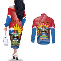 Personalised Antigua and Barbuda Independence Day Couples Matching Off The Shoulder Long Sleeve Dress and Long Sleeve Button Shirt Fallow Deer With Flag