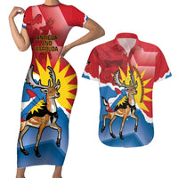 Personalised Antigua and Barbuda Independence Day Couples Matching Short Sleeve Bodycon Dress and Hawaiian Shirt Fallow Deer With Flag - Wonder Print Shop