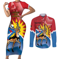 Personalised Antigua and Barbuda Independence Day Couples Matching Short Sleeve Bodycon Dress and Long Sleeve Button Shirt Fallow Deer With Flag - Wonder Print Shop