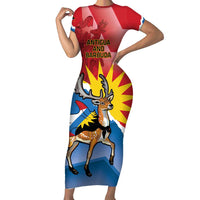 Personalised Antigua and Barbuda Independence Day Short Sleeve Bodycon Dress Fallow Deer With Flag - Wonder Print Shop